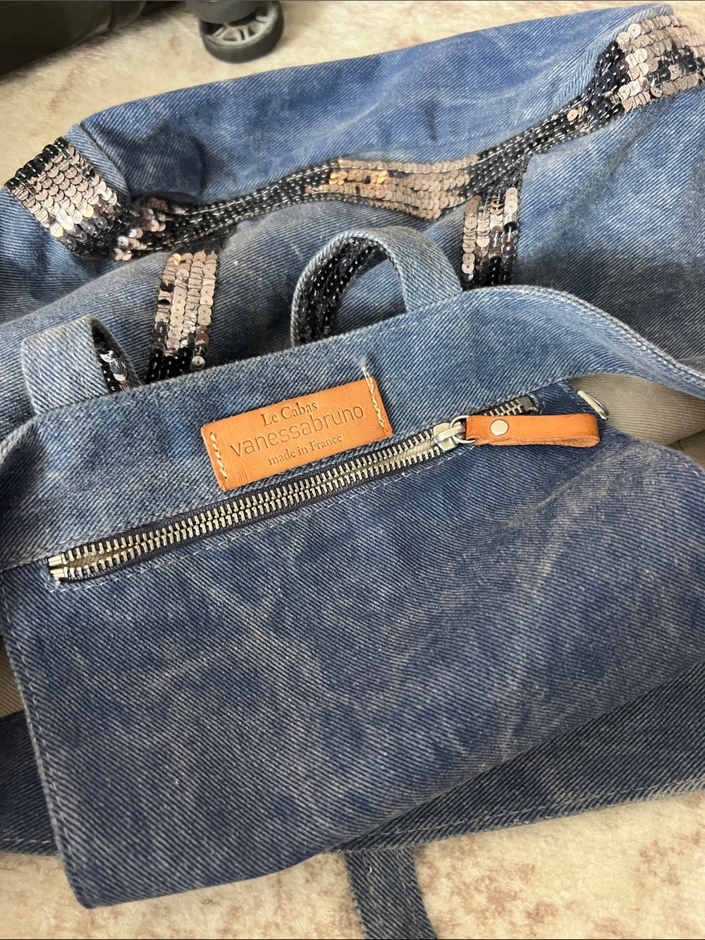 Vanessa Bruno Denim Tote with Sequin-Trim Straps - Blue